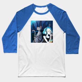 Blue Haired Girl Enjoys Music and Drink with Suspicious Cat Baseball T-Shirt